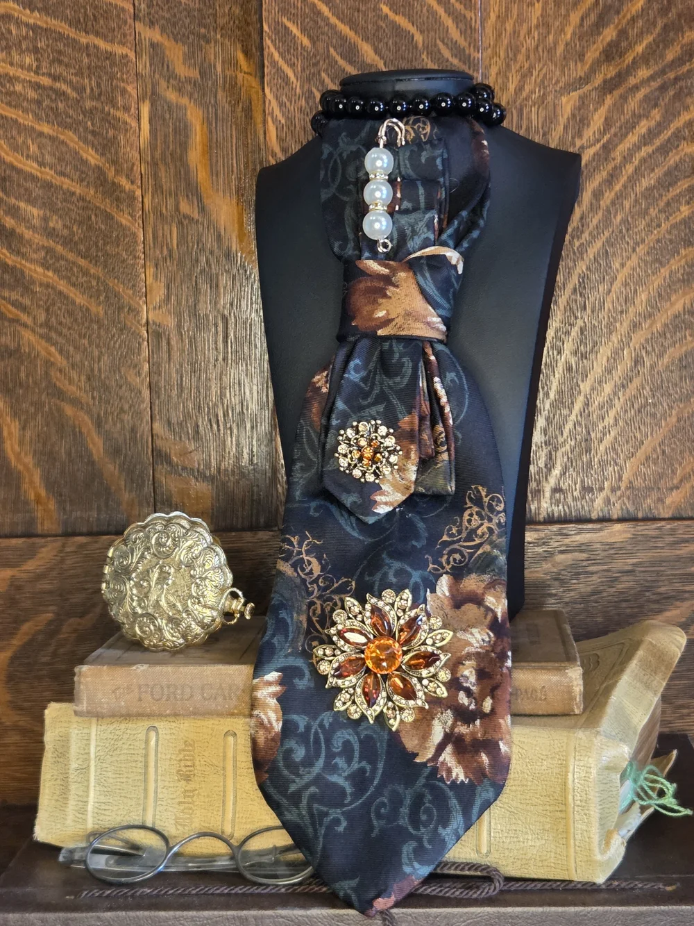 Floral Navy and Brown Silk Necktie with Vintage Brooch Accents